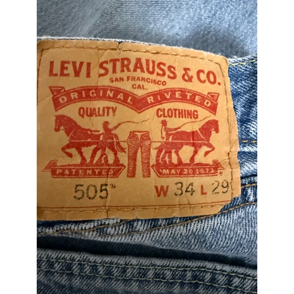 Levis 505 Regular Fit Straight Leg Light Wash Denim Jeans Mens 34x29 Blue